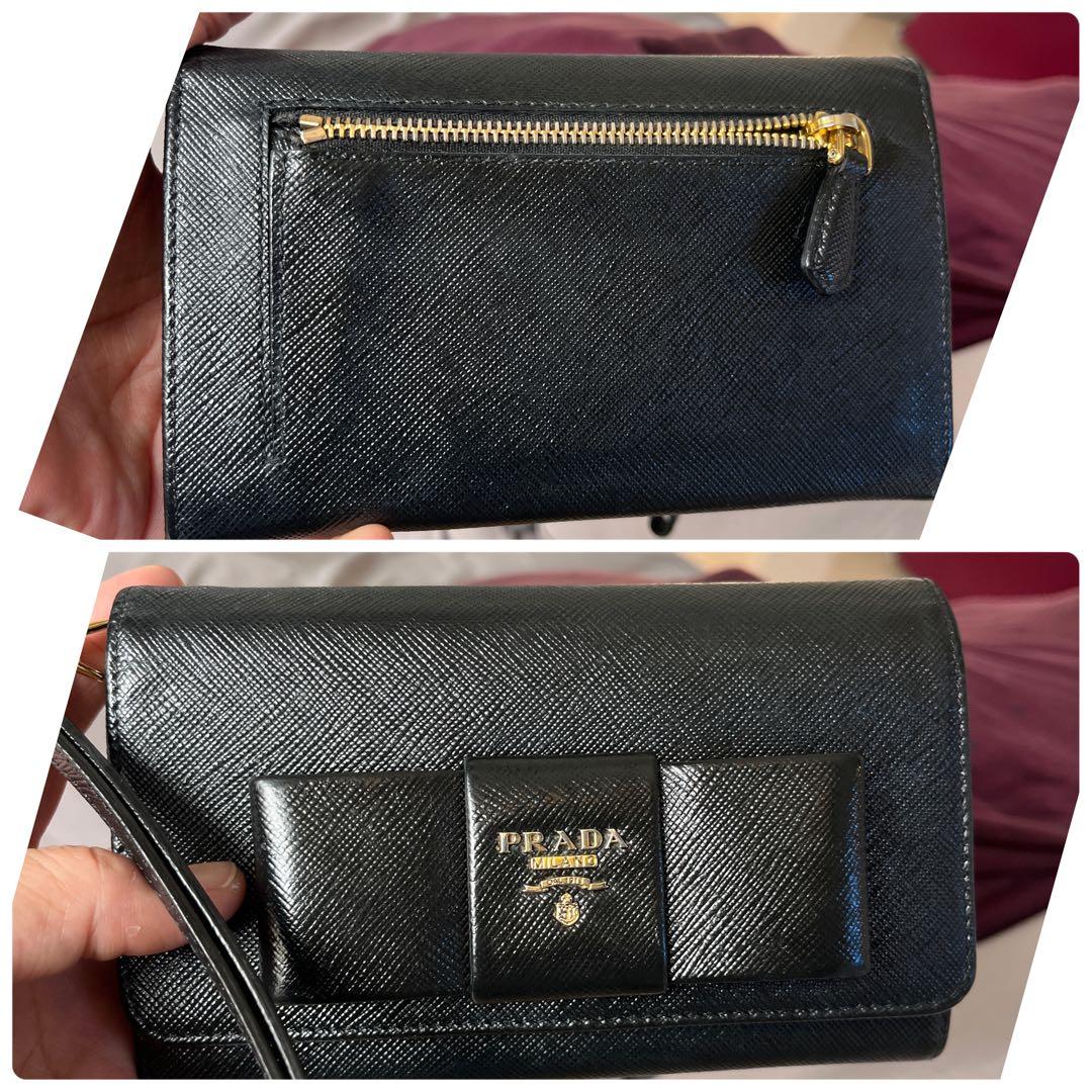 美品✨PRADA ストラップ付　財布　フィオッコ　サフィアーノ　ブラック　メタル