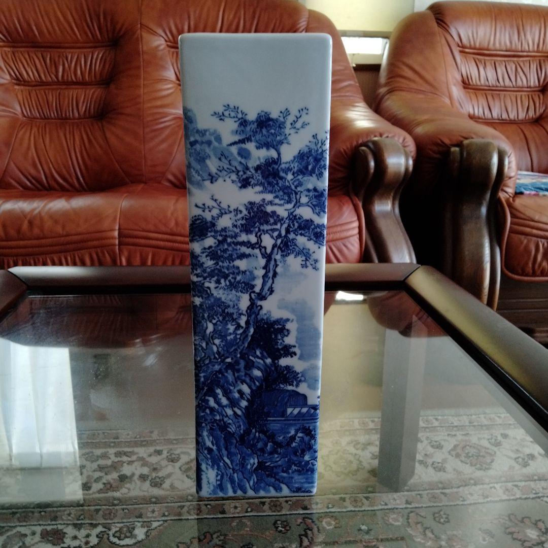 中国文房具骨董七十年前旧蔵【染付青花大方瓶　陶芸筆筒、筆立て】細工手絵山水人物