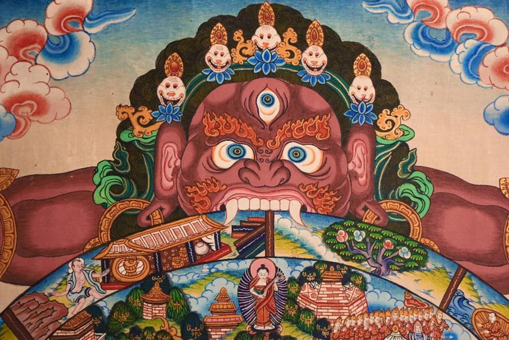 【仏】　★ 仏教 彩絵六道輪廻図掛軸 ★　清朝期　曼荼羅 刺繍表装　布本仏画