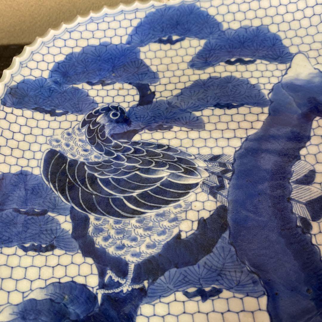 古伊万里江戸後期染付鷹狩り図大皿