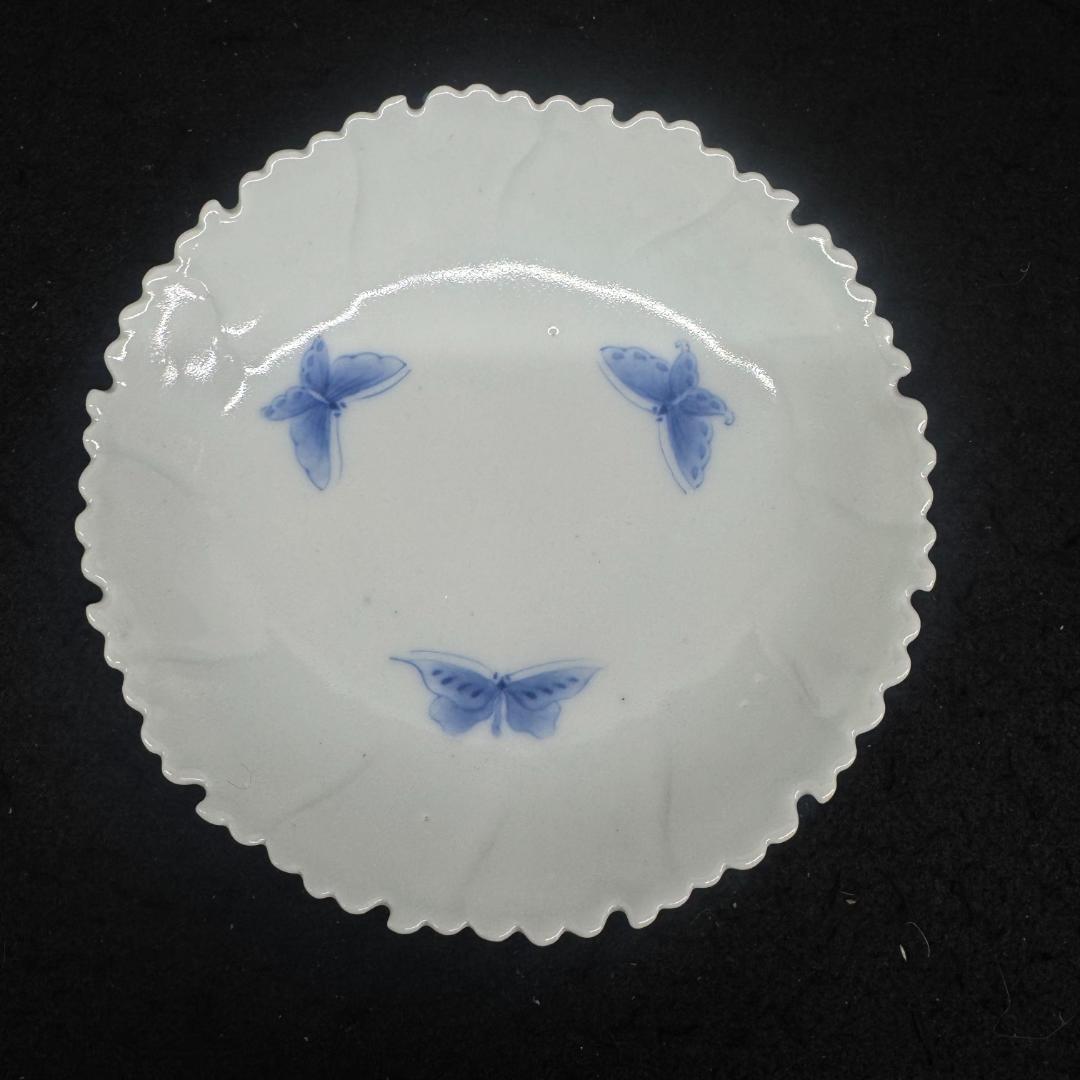 古平戸焼 染付 牡丹花形蝶文皿5客 時代箱付 江戸後期 平戸御用窯 古伊万里