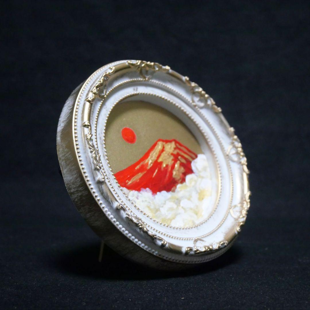 油絵 油彩 油彩画 絵 絵画 円形ミニ絵画 【赤富士】【金】