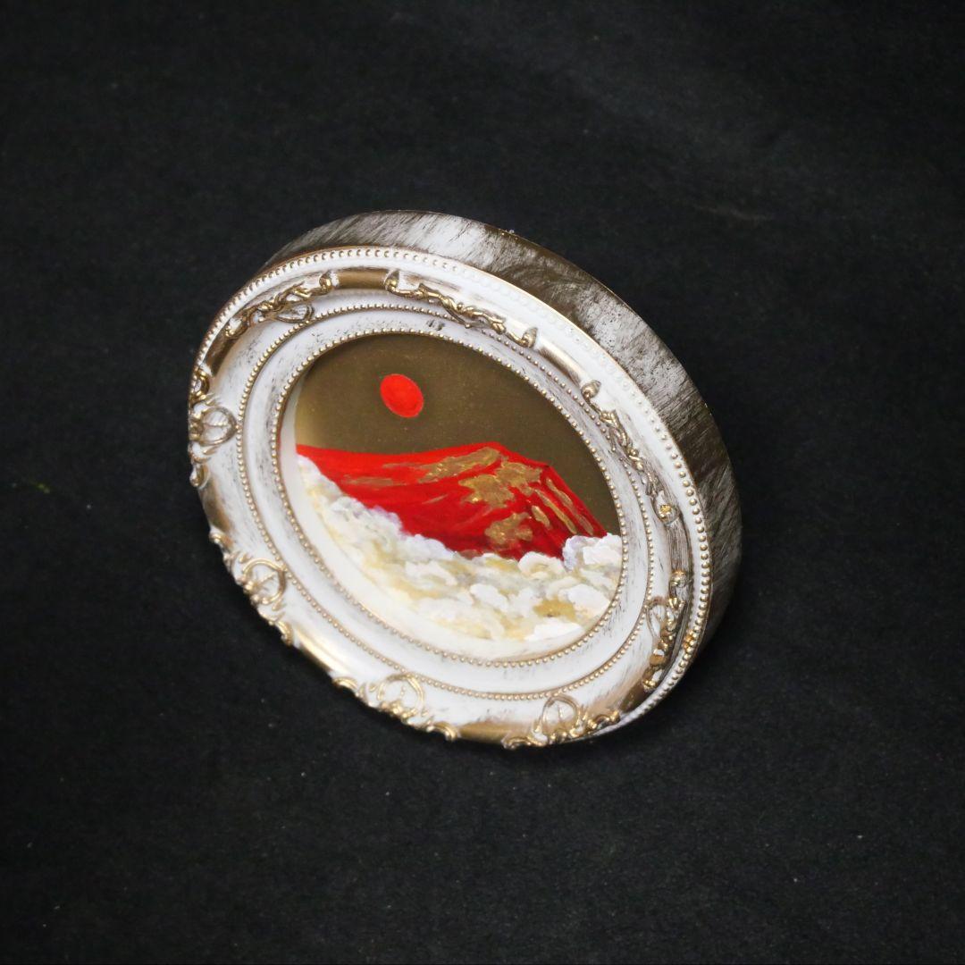 油絵 油彩 油彩画 絵 絵画 円形ミニ絵画 【赤富士】【金】