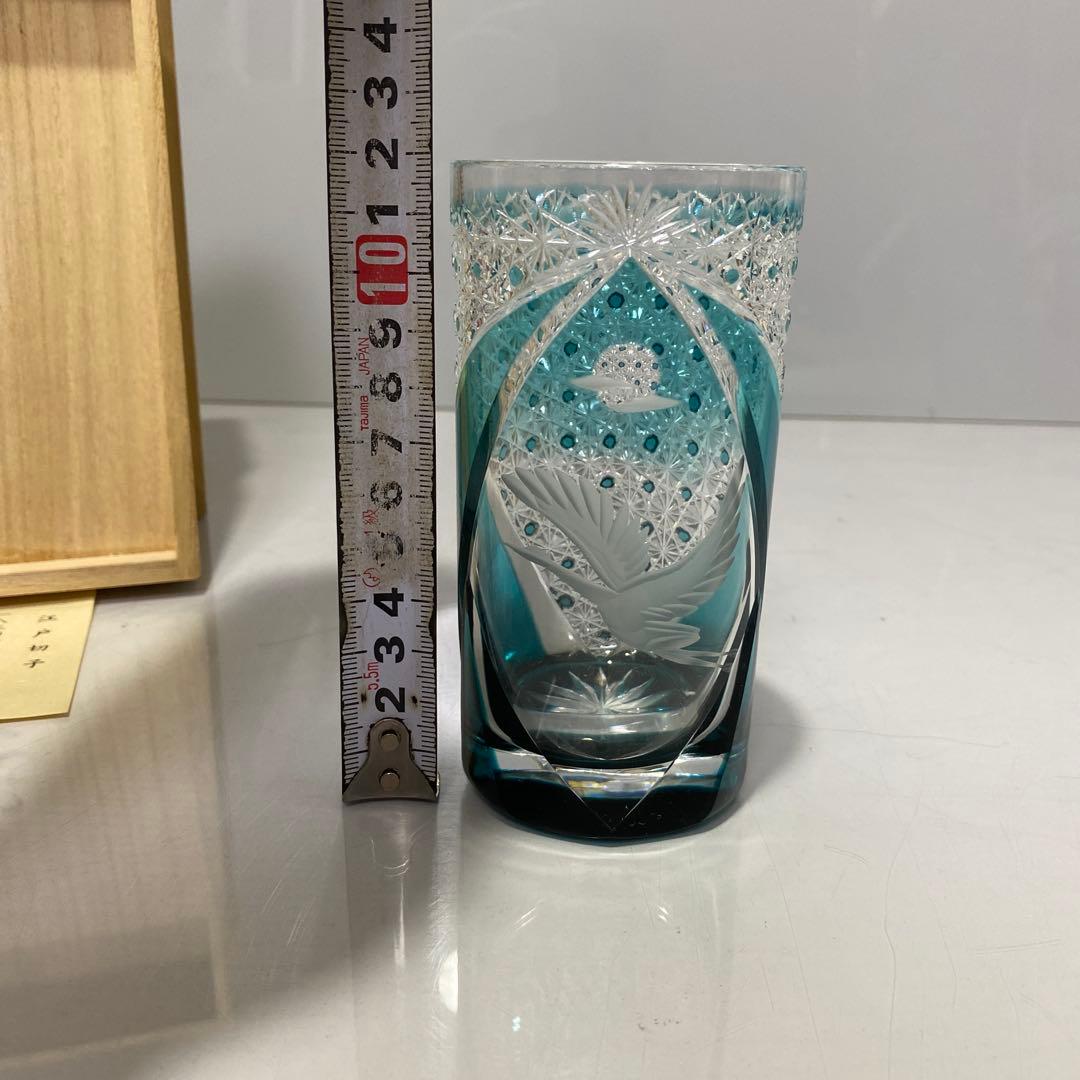未使用 江戸切子 但野英芳 月に鶴図 ガラス コップ 伝統工芸 切子