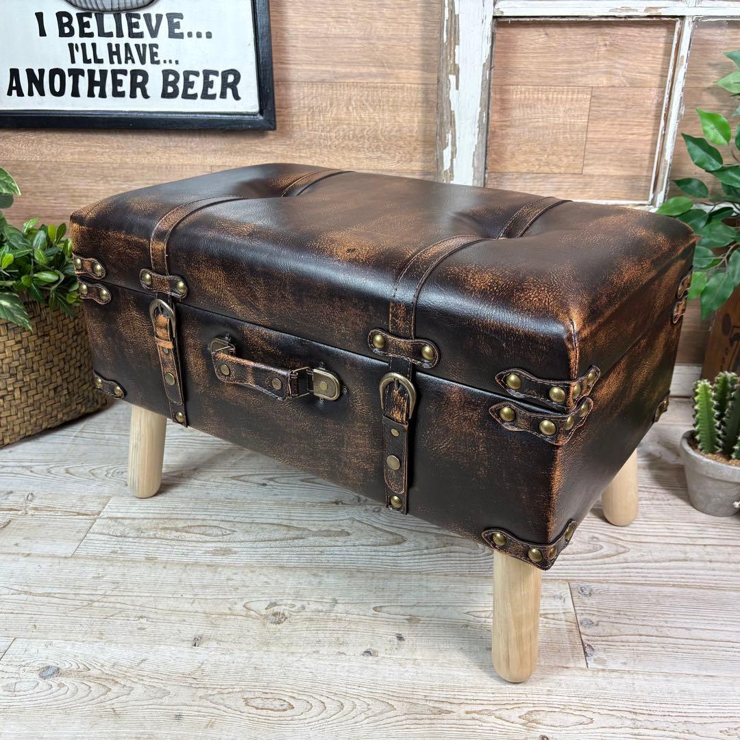 アンティーク調トランク型収納ケース付きレザーベンチスツール木製足オットマン椅子