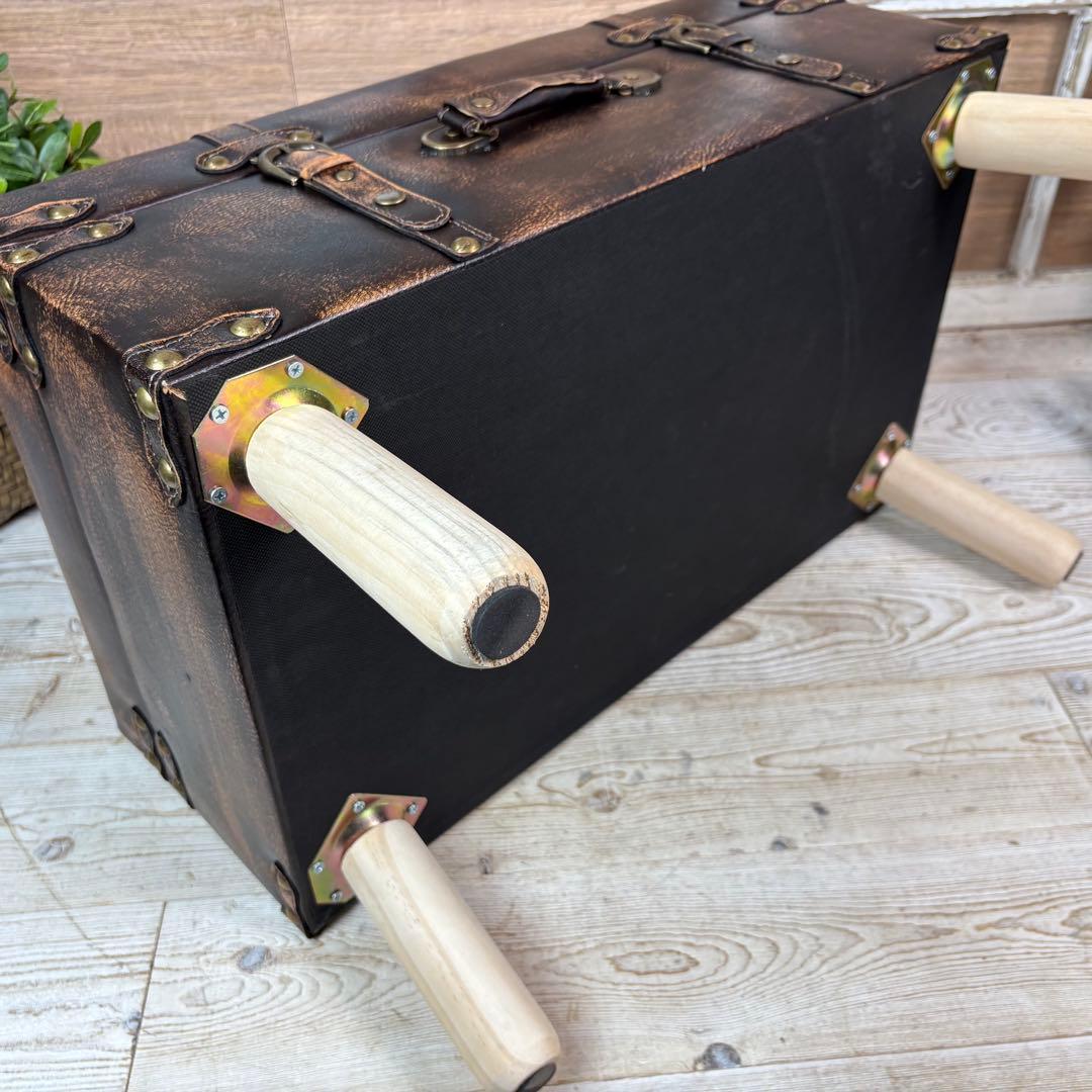 アンティーク調トランク型収納ケース付きレザーベンチスツール木製足オットマン椅子