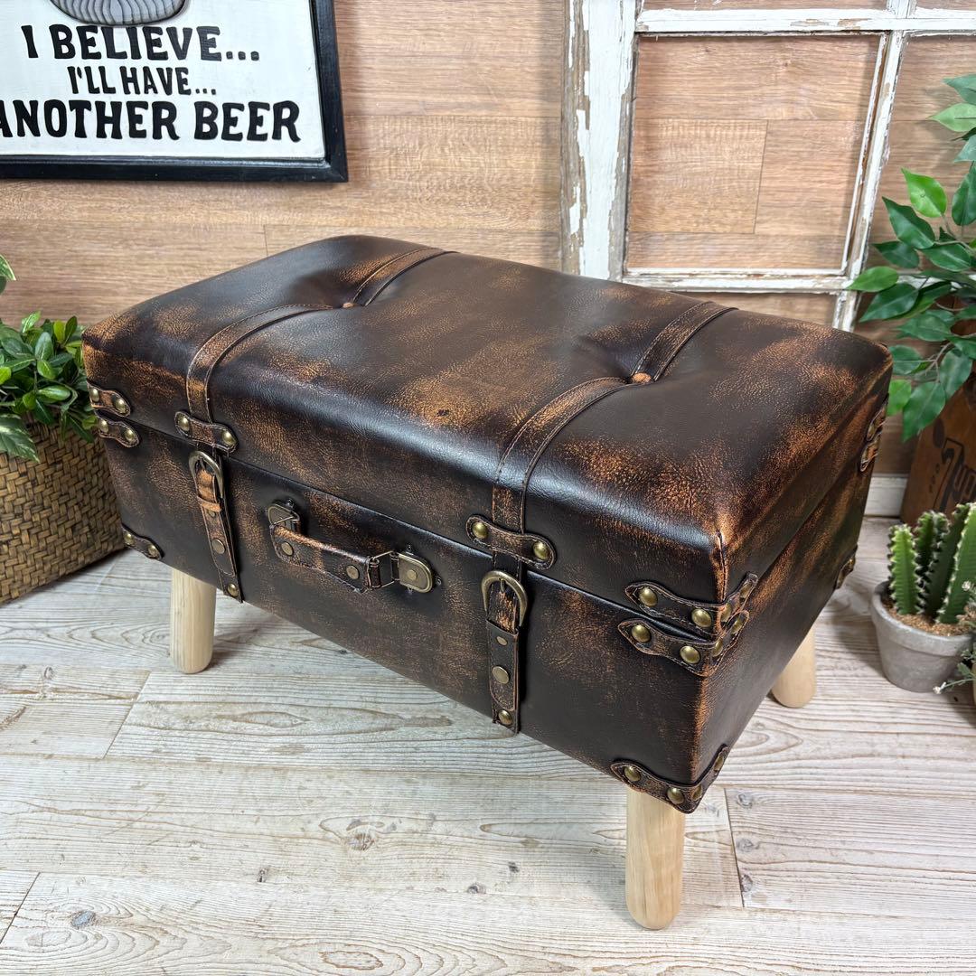 アンティーク調トランク型収納ケース付きレザーベンチスツール木製足オットマン椅子