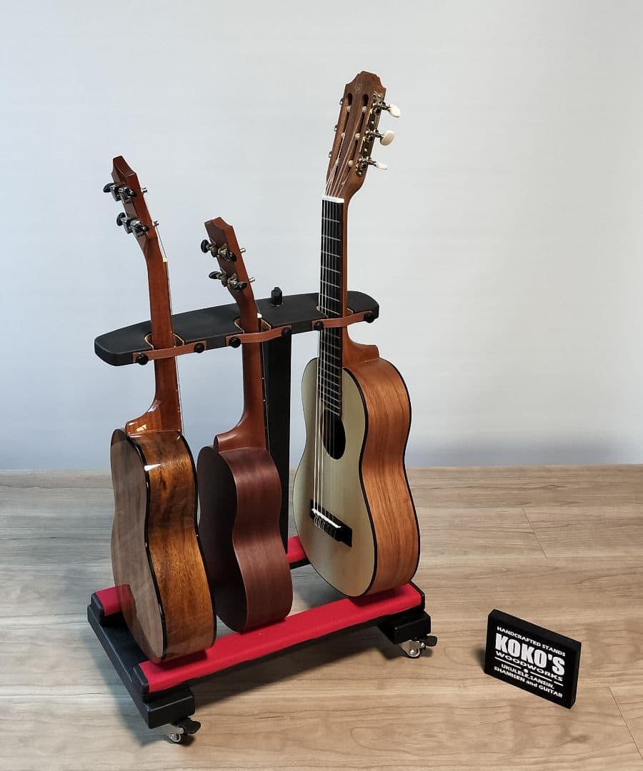 【NEW】転倒防止付き 木製スタンド 3本用（三線/ウクレレ／ギタレレ）