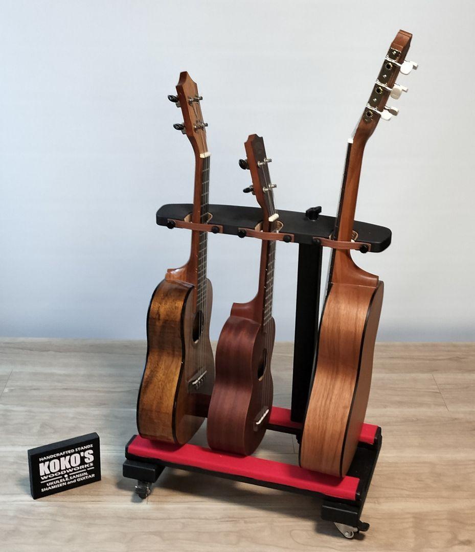 【NEW】転倒防止付き 木製スタンド 3本用（三線/ウクレレ／ギタレレ）