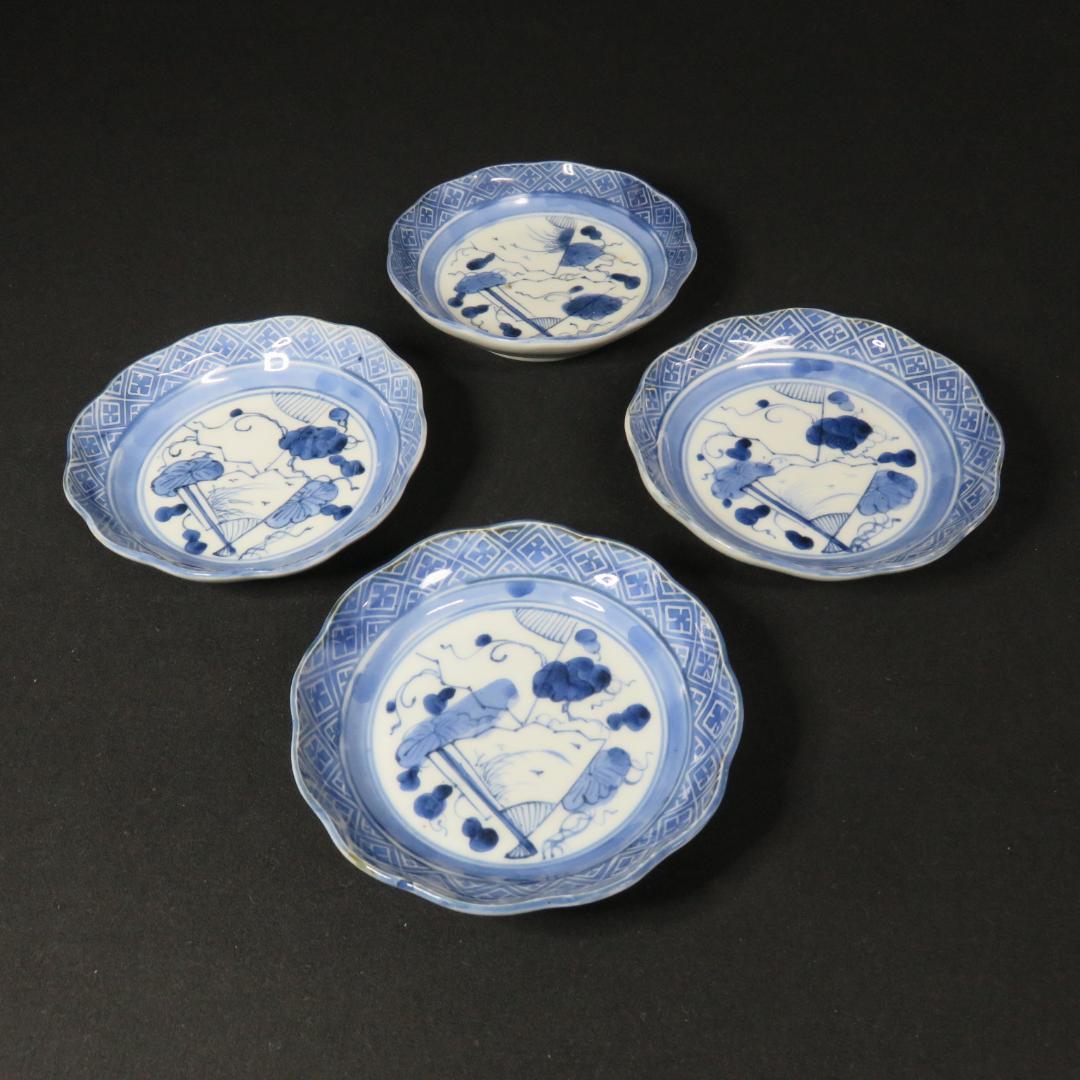 染付皿 4枚 扇子 小皿 江戸後期 訳アリ 窯傷 歪み 欠け
