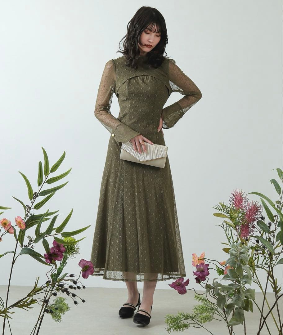 幾何学柄 レース バックオープン ワンピース パーティー 結婚式 お呼ばれ