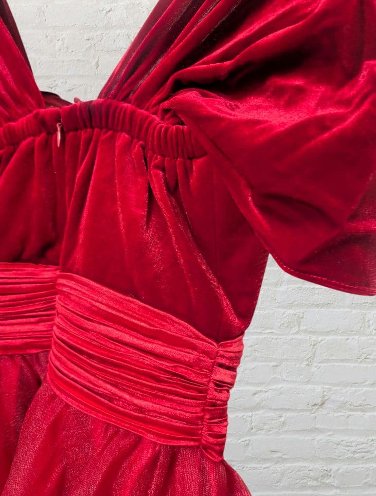 M レッド ミニドレス オフショル フレア Aライン ベロア シフォン ウエスト