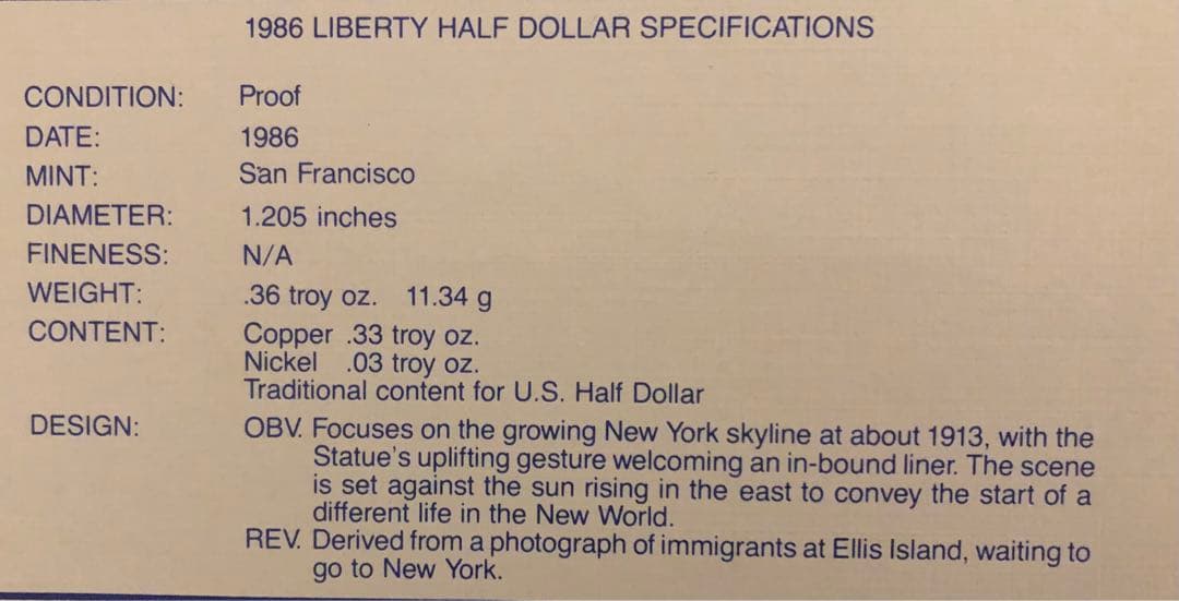 1986年 アメリカ100周年　自由の女神　プルーフ銀貨セット