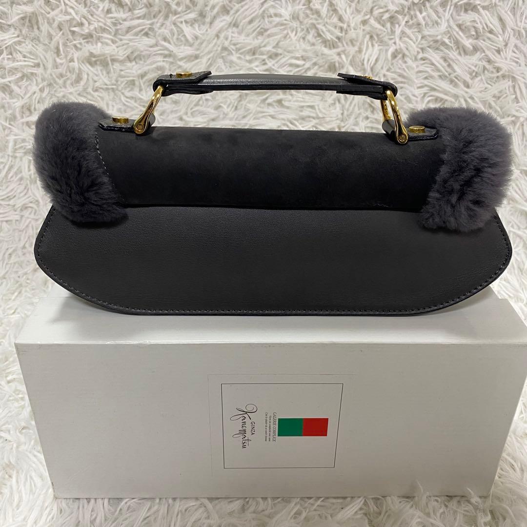 極美品✨銀座カネマツ スエード×ファー リボン ハンドバッグ ミニバッグ