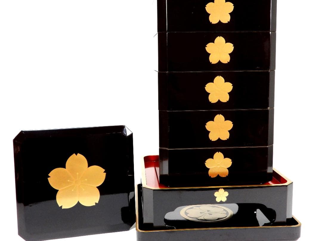 お重箱 5段重 金蒔絵 桜紋　蓋２枚 高脚台付