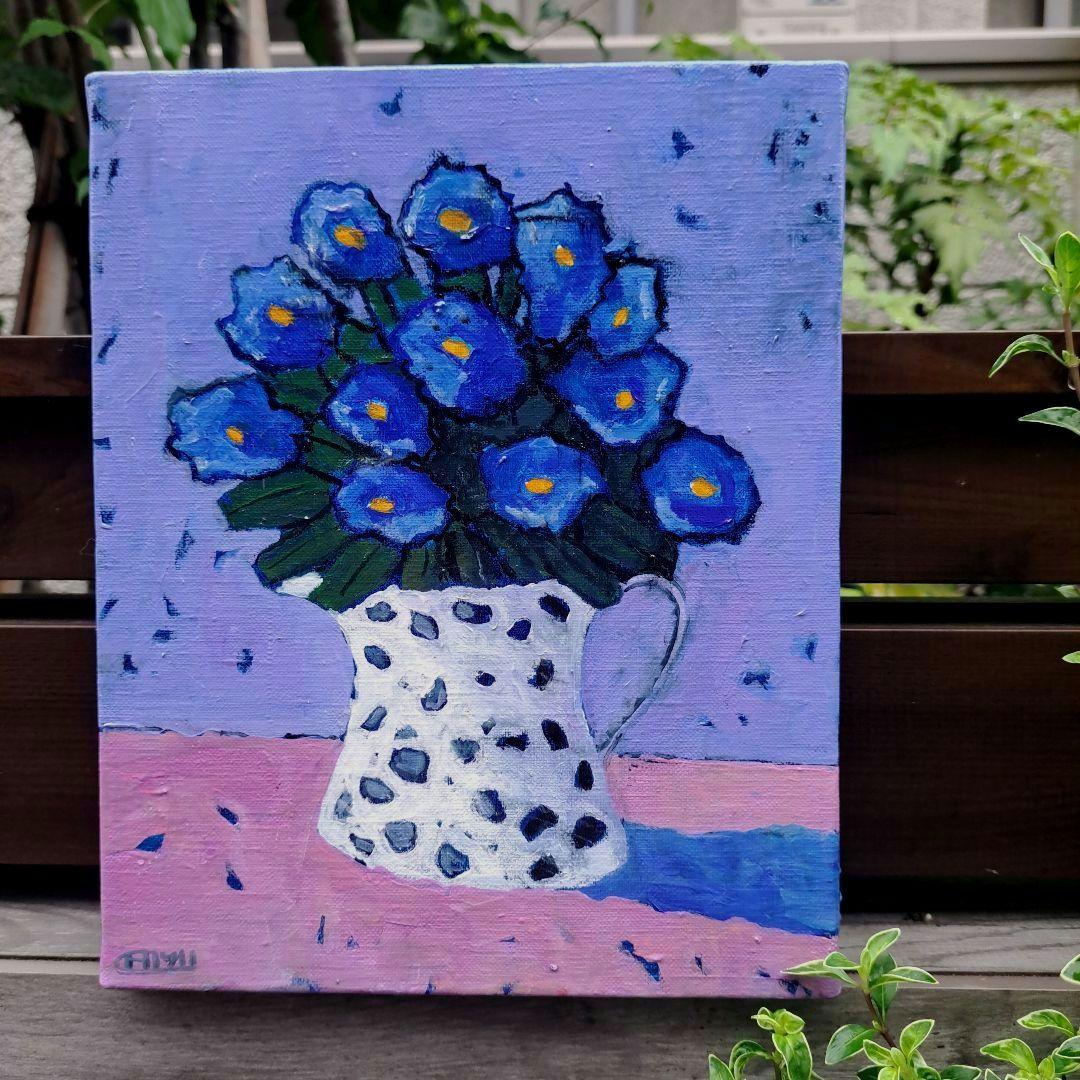 キャンバス油絵　専用　たっぷり入れた花瓶の青いお花