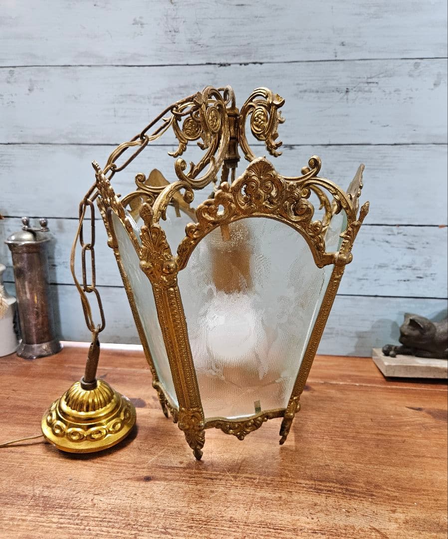 フランスアンティーク 5面ガラスのペンダントライト アールヌーボー 吊り下げ