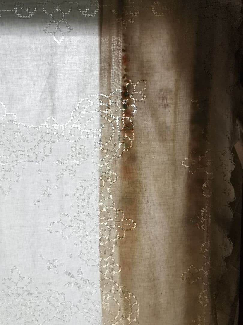 アンティークイタリア モザイクカットワークレース 超大判リネンクロス カーテン