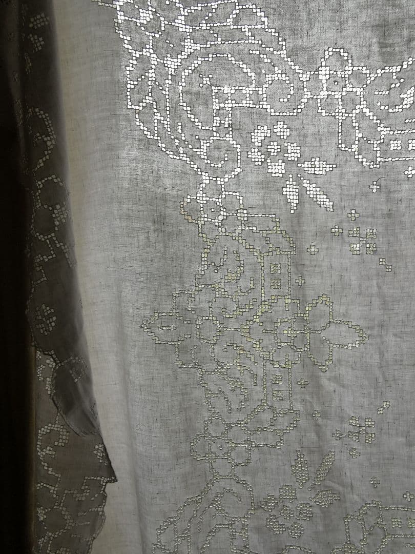 アンティークイタリア モザイクカットワークレース 超大判リネンクロス カーテン