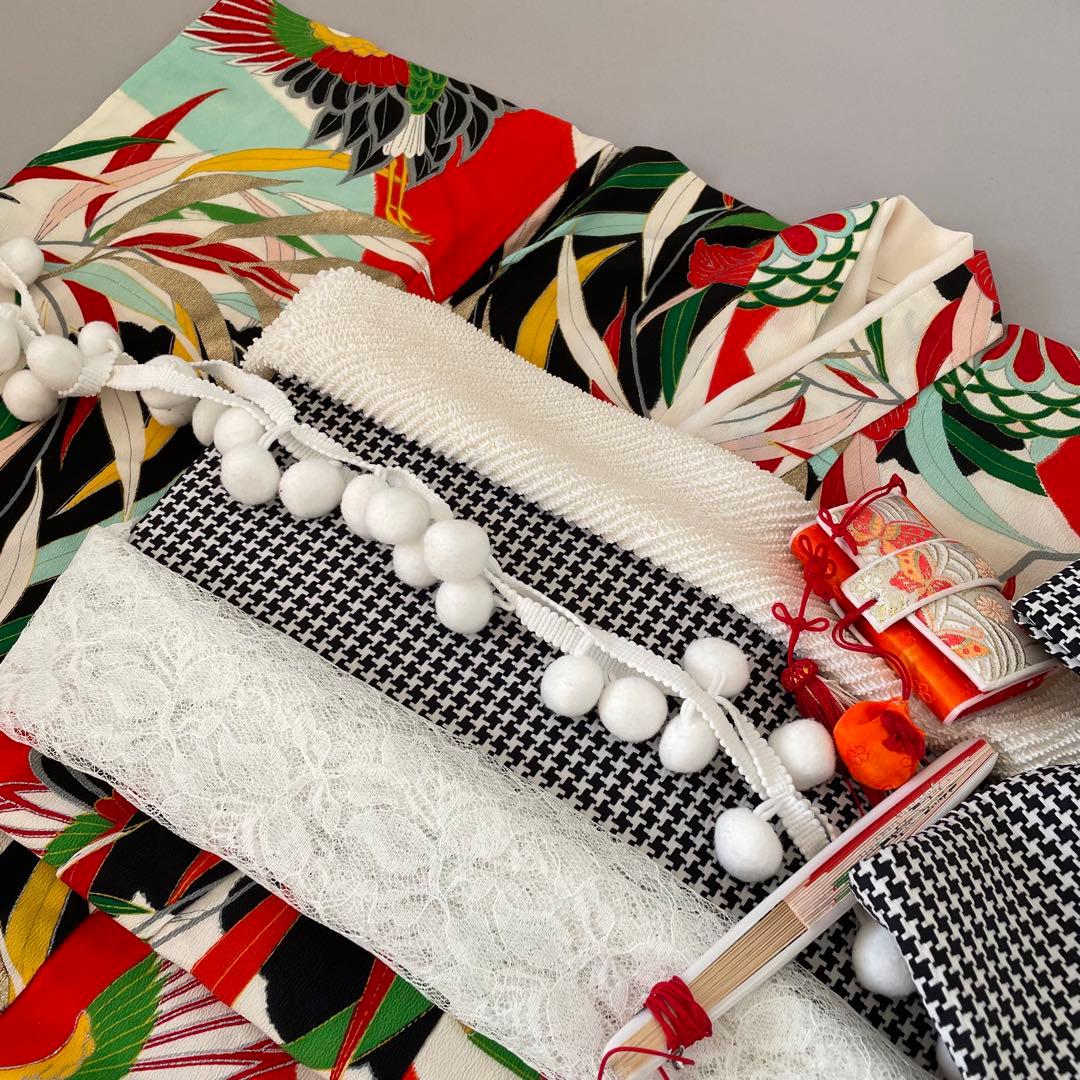 七五三　アンティークお着物セット　３歳　作り帯コーデ　髪飾り付き