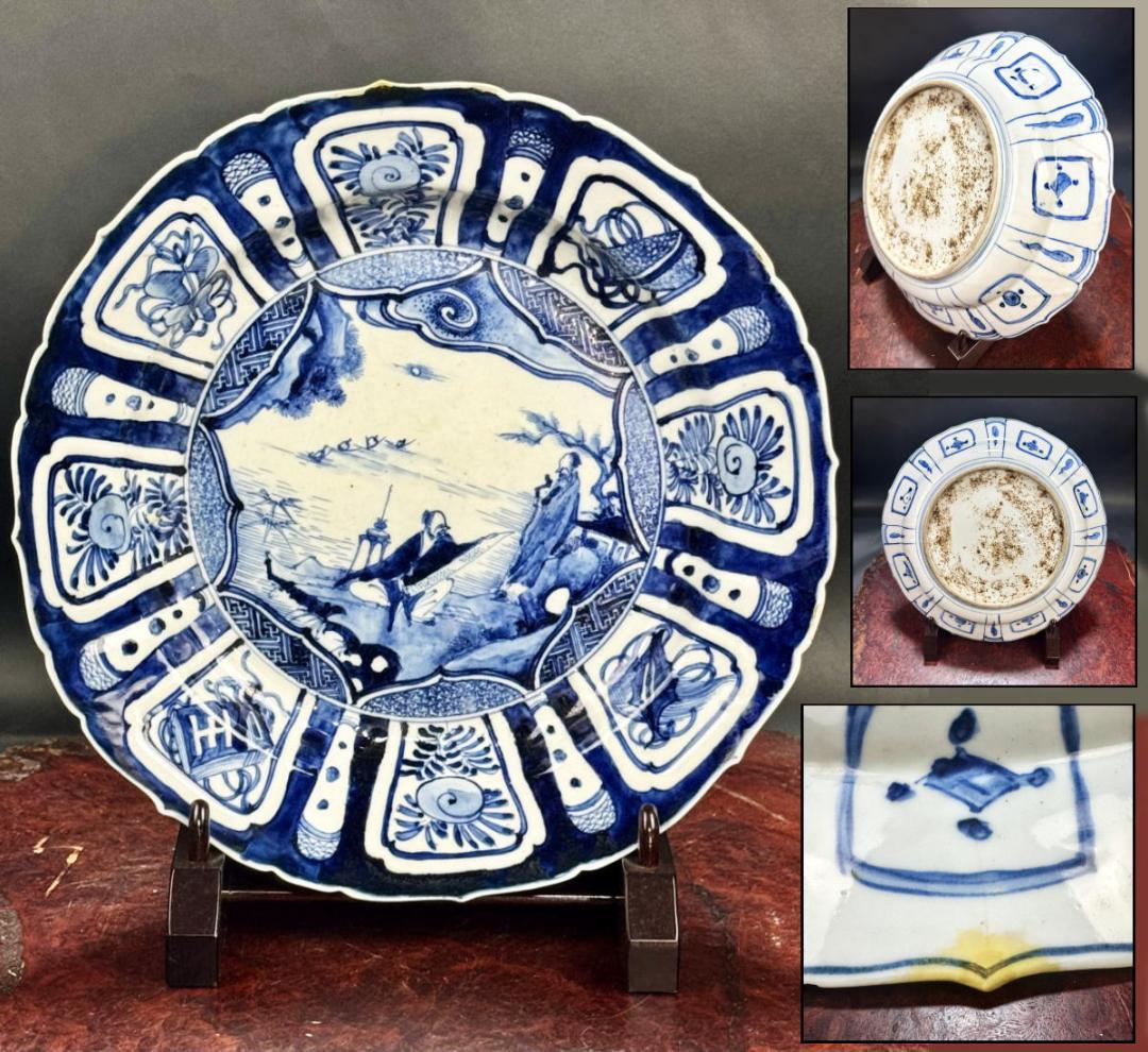 明末時代 章州平和窯 東インド会社クラック瓷青花葵口開光高士図大皿WWTT105