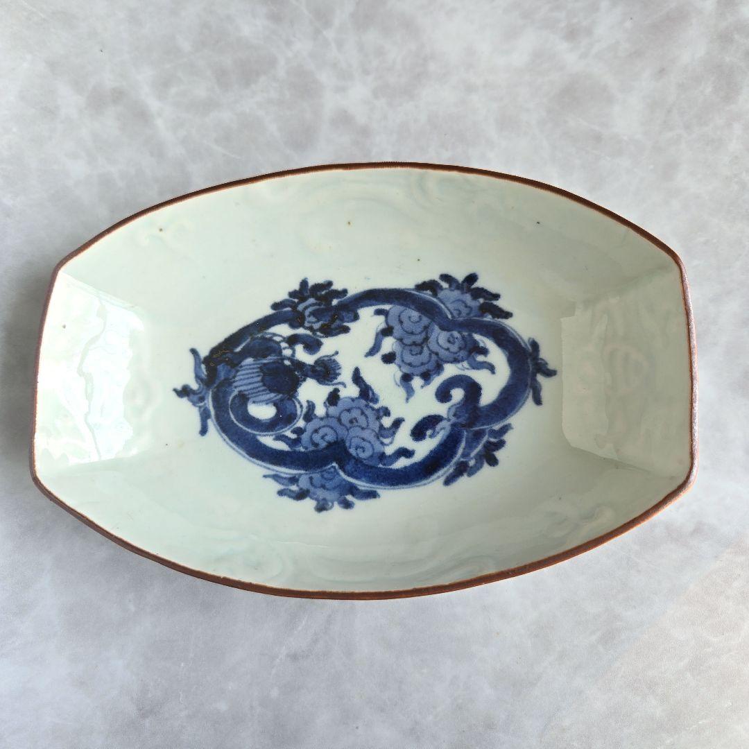 無傷　古伊万里　染付　長皿　陽刻　雲竜　雲龍　金継ぎ　アンティーク　骨董