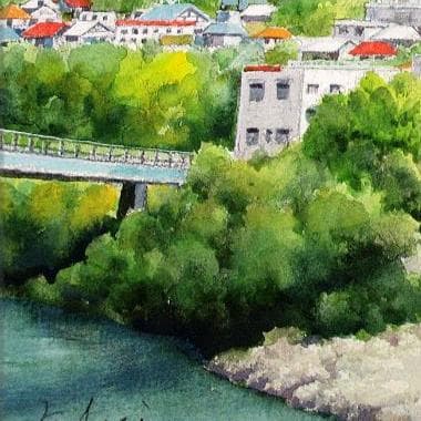 絵画「朝霧晴れて～ 飛騨川の清流」　水彩画