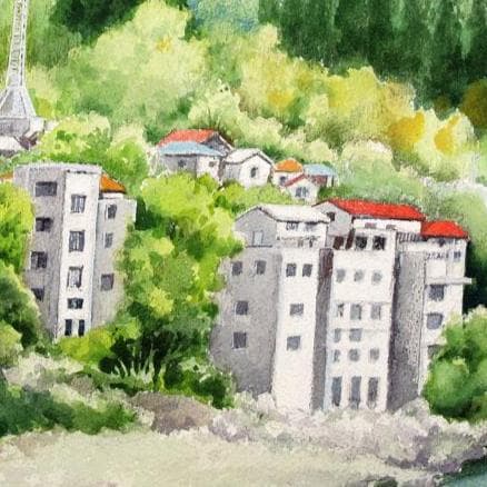 絵画「朝霧晴れて～ 飛騨川の清流」　水彩画