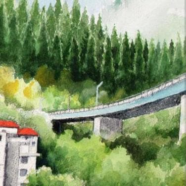 絵画「朝霧晴れて～ 飛騨川の清流」　水彩画