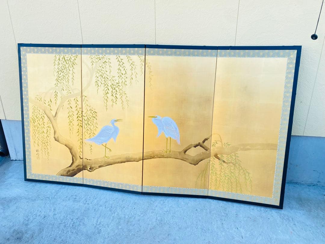 白い鳥と柳の木の屏風 160cm x 90cm