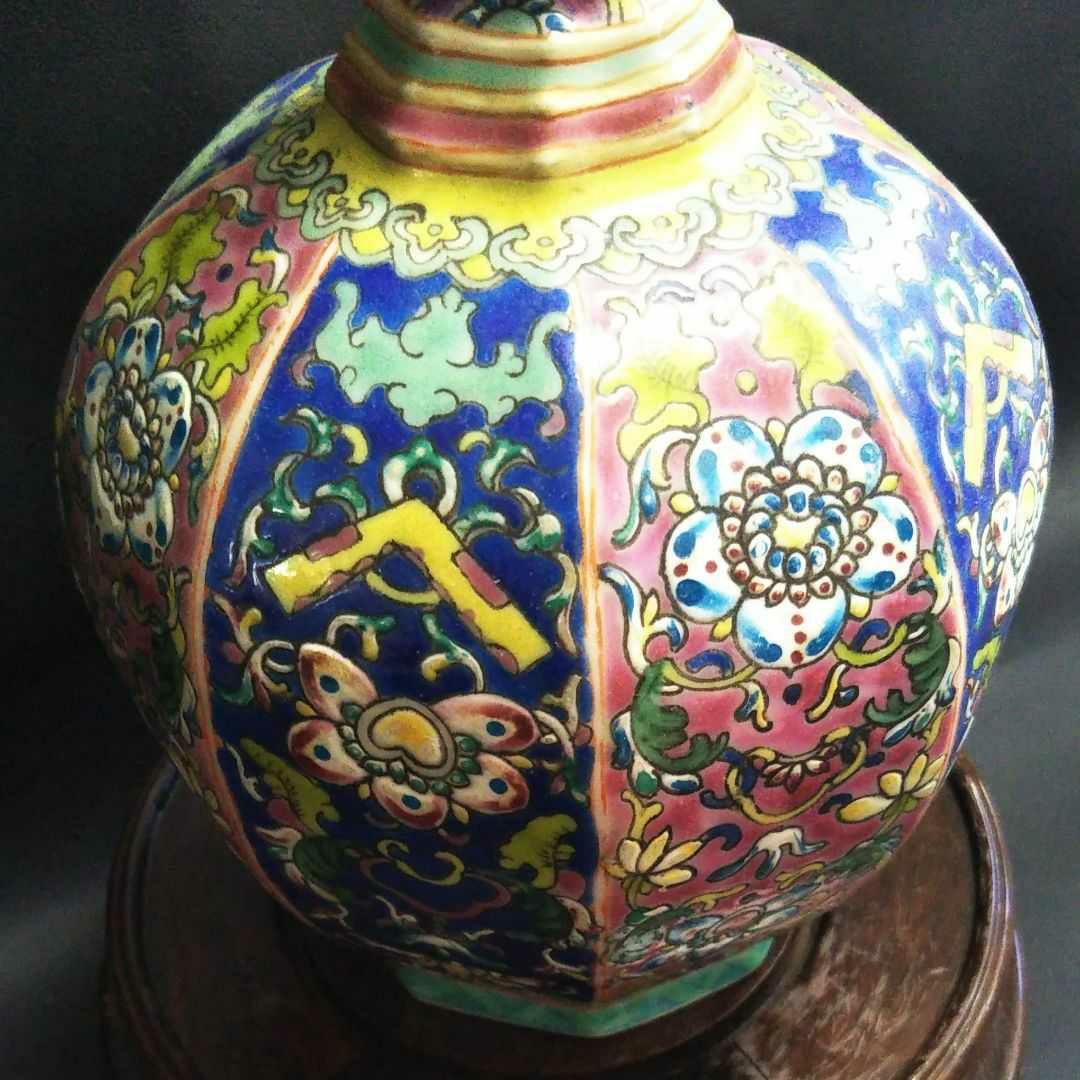 ※中国古美術/琺瑯花鳥紋八角長頸瓶/ (底款:大清乾隆年製)