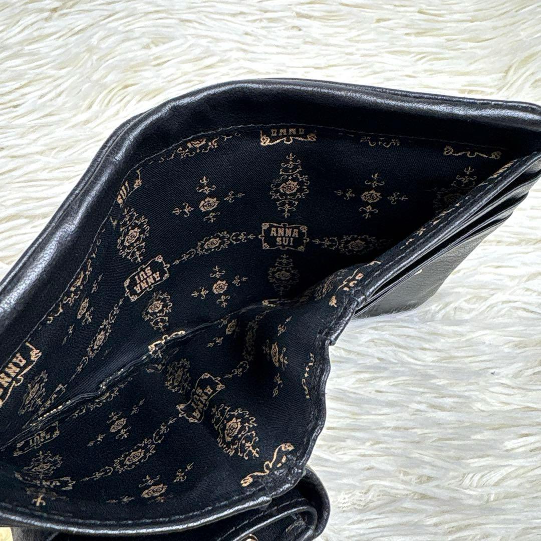 美品、アナスイ、ANNA SUI、ネコ、蝶々、スター柄、二つ折り財布、がま口、黒