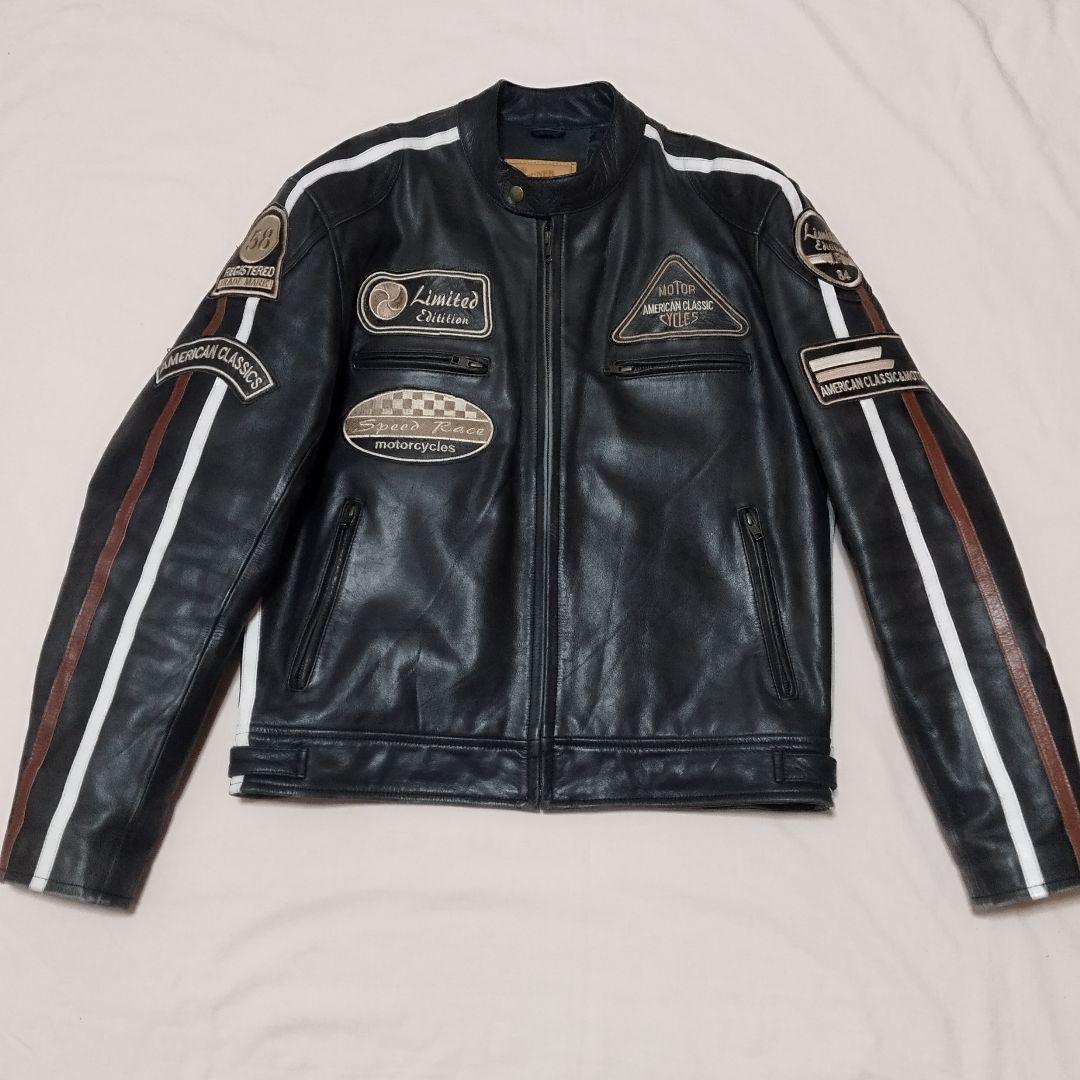 デグナー　ライダースジャケット　ブラック　牛革　ワッペン　キルティング　XL