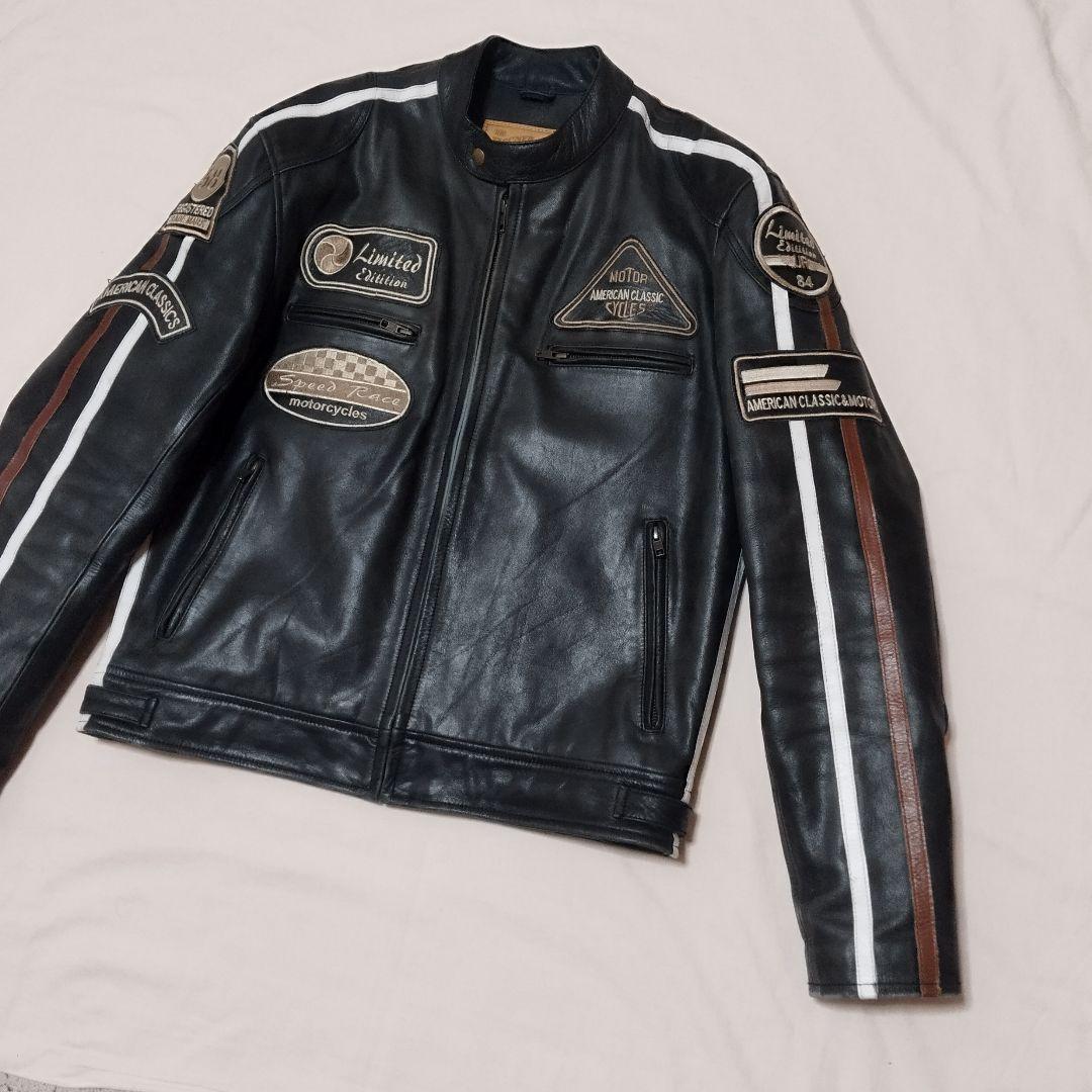 デグナー　ライダースジャケット　ブラック　牛革　ワッペン　キルティング　XL