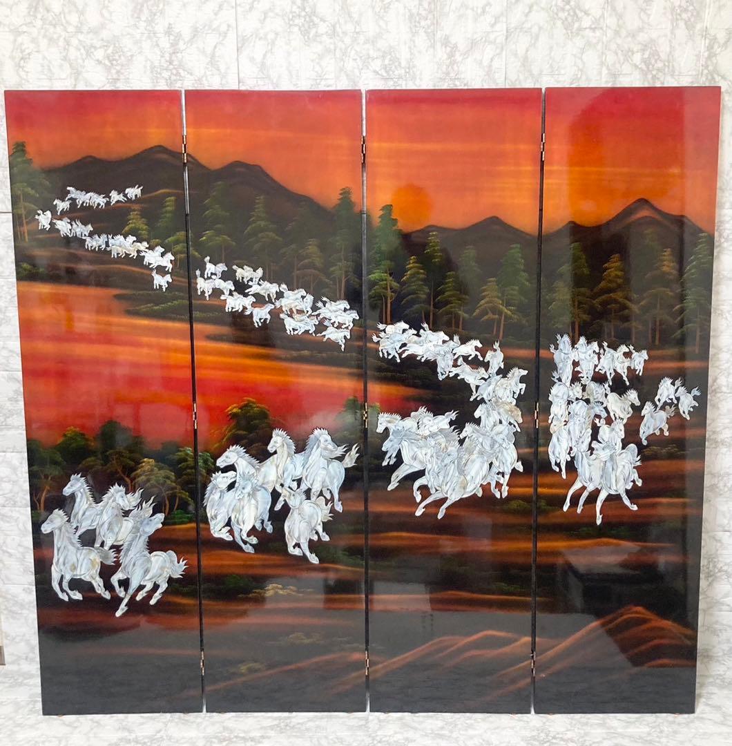 【特大】螺鈿細工 パーテーション 衝立「馬倒成功」 高さ：150cm