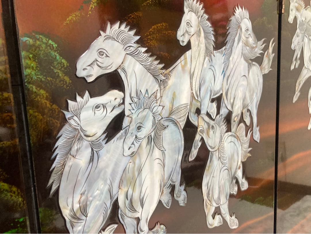 【特大】螺鈿細工 パーテーション 衝立「馬倒成功」 高さ：150cm