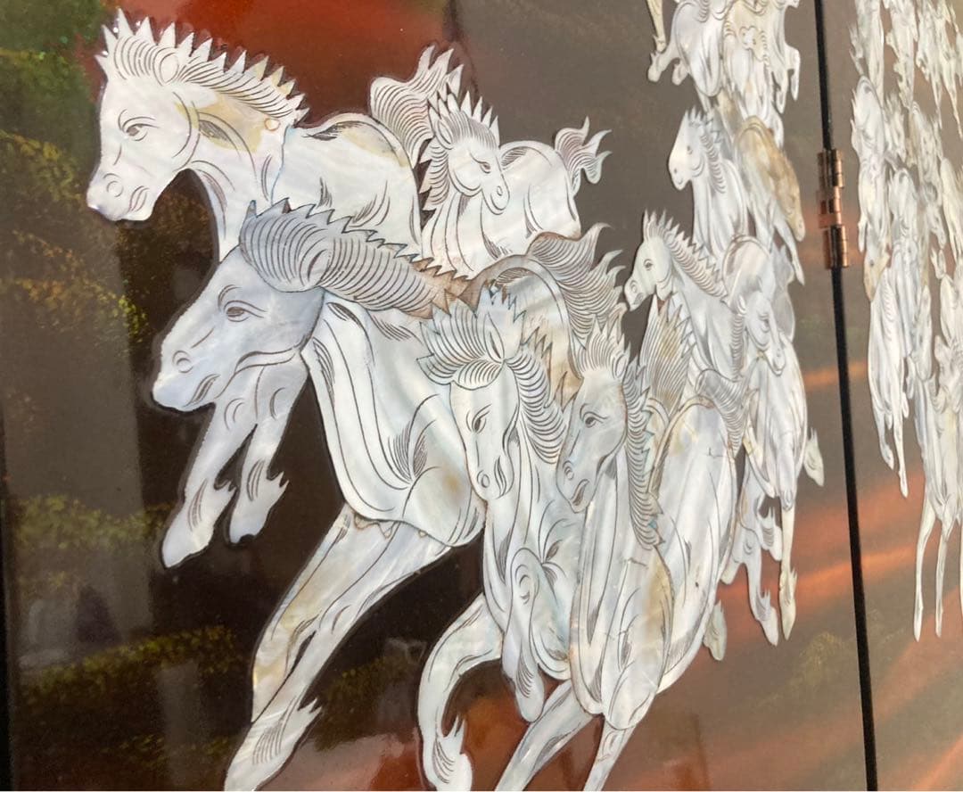 【特大】螺鈿細工 パーテーション 衝立「馬倒成功」 高さ：150cm