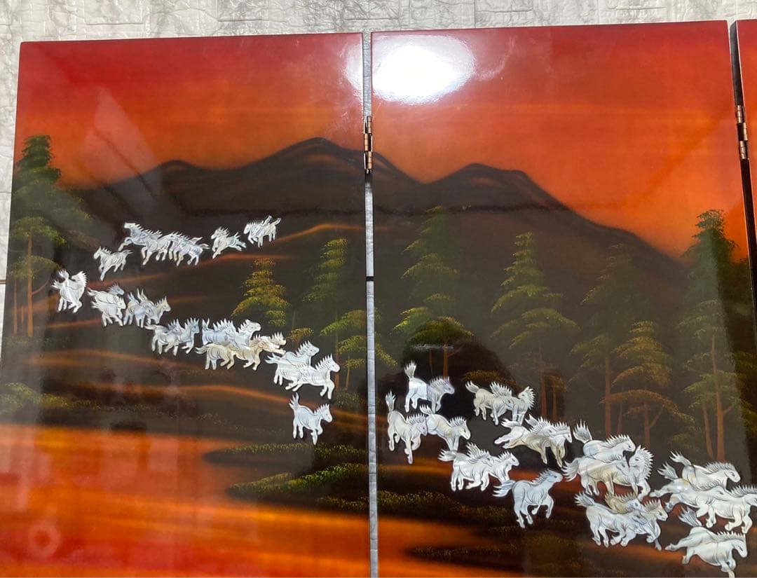【特大】螺鈿細工 パーテーション 衝立「馬倒成功」 高さ：150cm