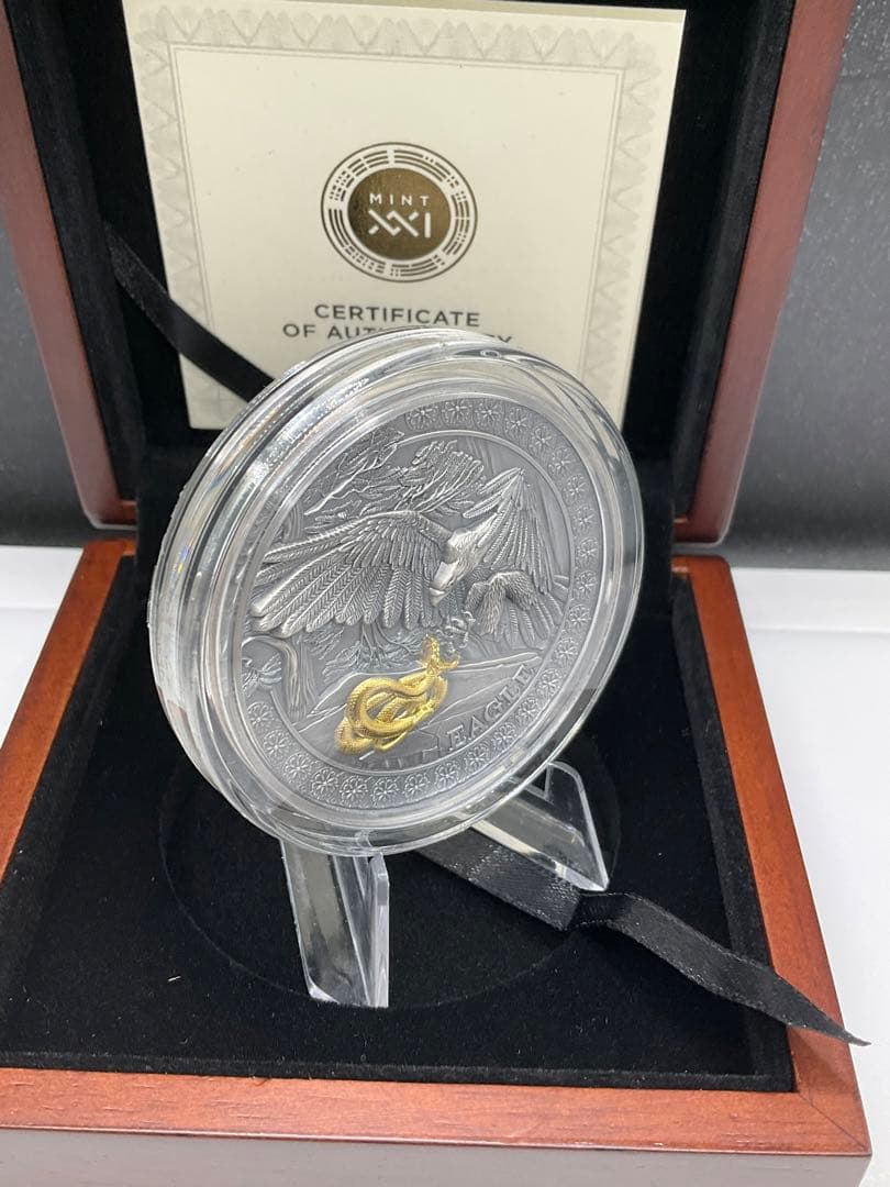 2023年ガーナ　野生の狩人　イーグル アンティーク風・金メッキ付　50g銀貨