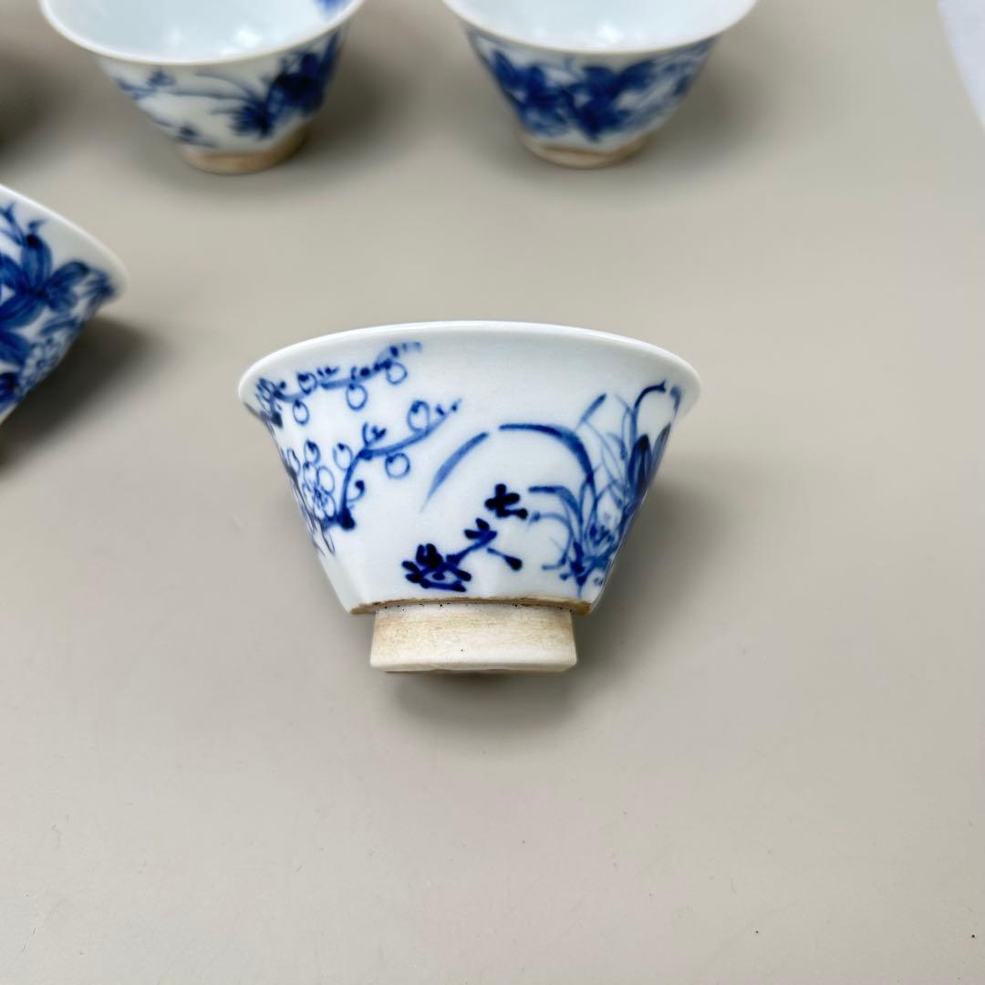 清水七兵衛 茶道具 京焼　名工　染付　草花文　 5客セット