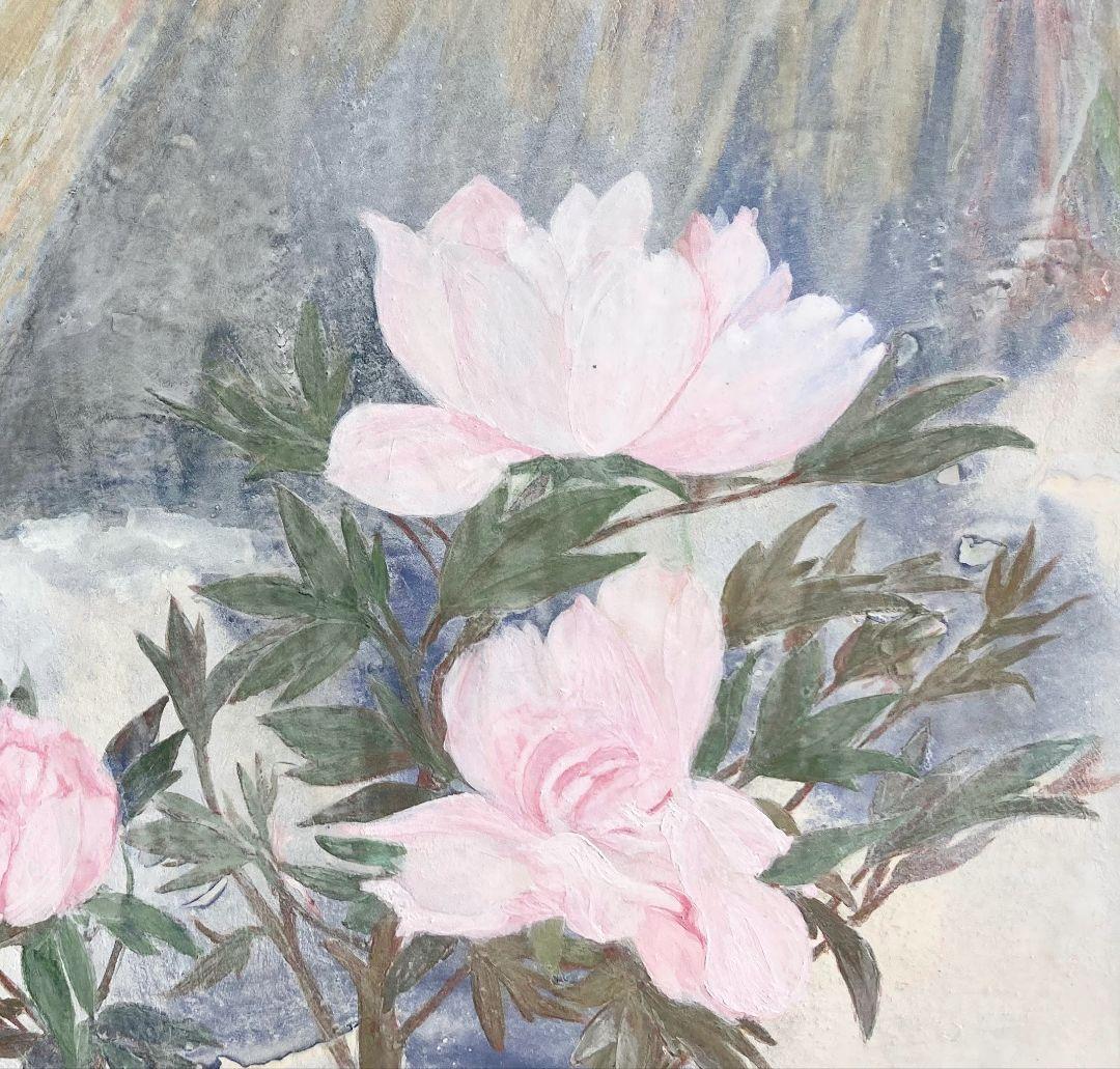 中野嘉之「華の図」額装10号 ●岩彩作品 落款 独創的な花の図柄です●