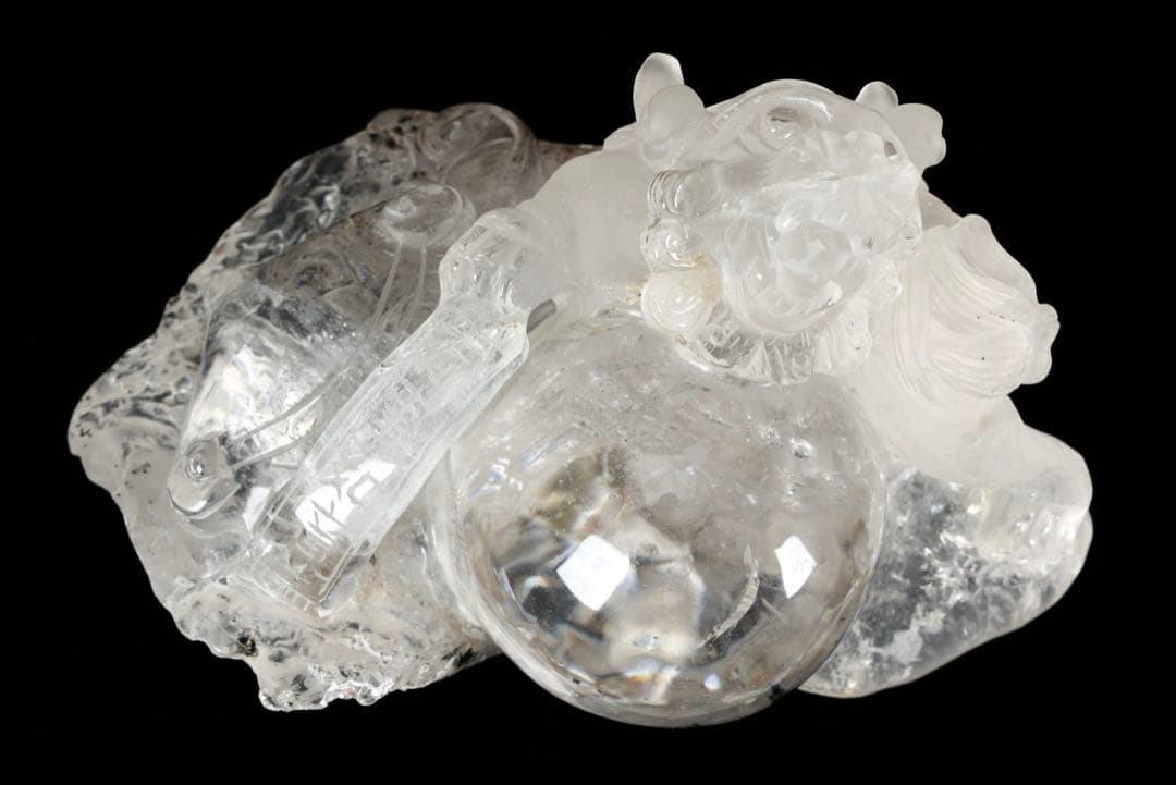 中国美術 水晶玉乗獅子 万事如意刻印 置物 老水晶彫 古水晶 唐物 古美術 骨董