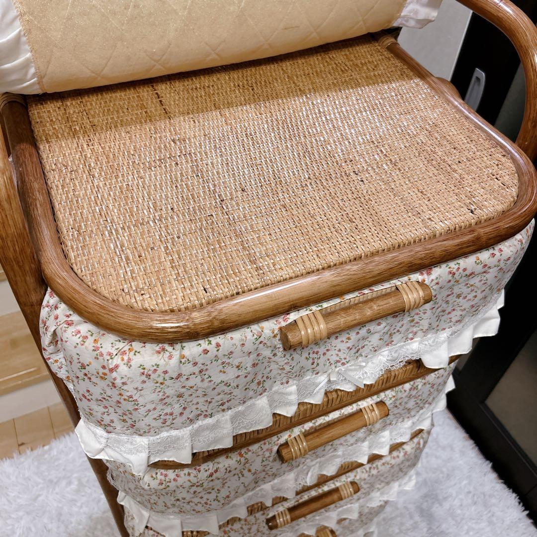 ラタンチェスト 5段 籐家具 ビンテージ キャビネット収納 ラタン キャスター付