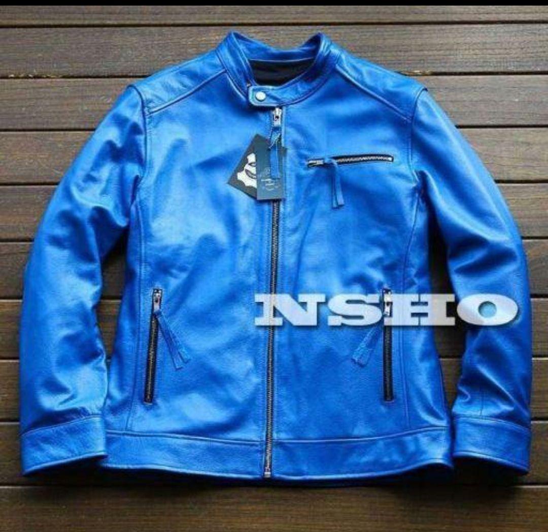 XL【新品】18万円 最高級牛革カウハイド 美ブルー イタリアンレザージャケット