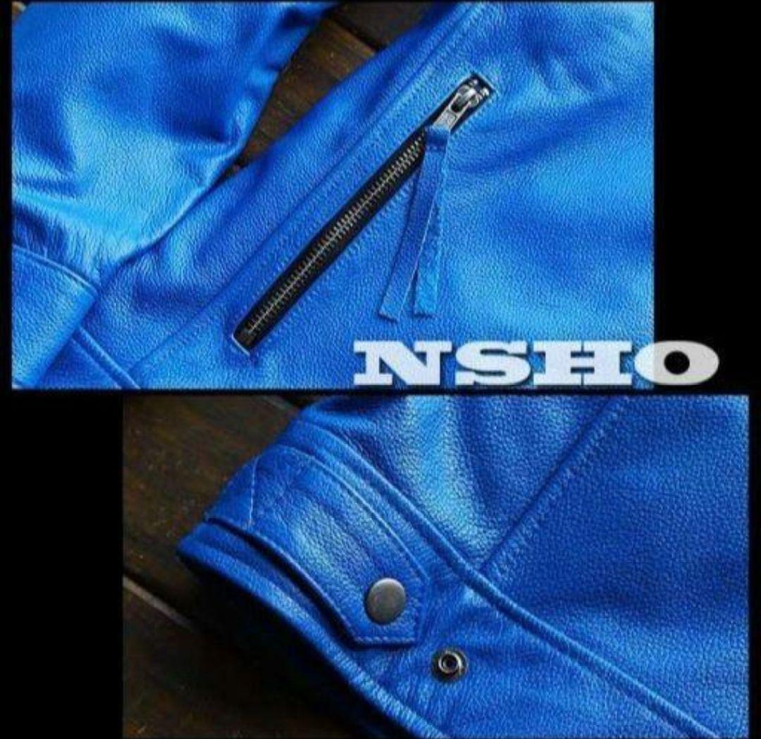 XL【新品】18万円 最高級牛革カウハイド 美ブルー イタリアンレザージャケット