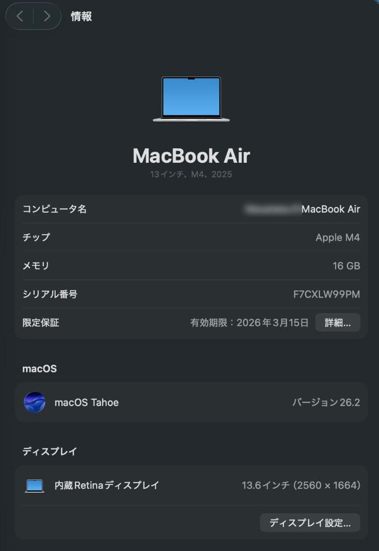 美品 MacBook Air M4 13.6インチ MW0W3J/A シルバー