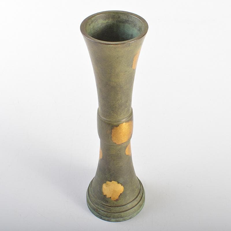 平安　秦蔵六造　 塗金銅　立鼓式花瓶　共箱　D　R7305