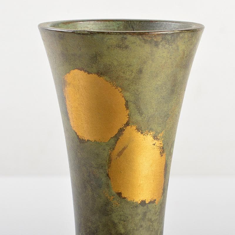 平安　秦蔵六造　 塗金銅　立鼓式花瓶　共箱　D　R7305