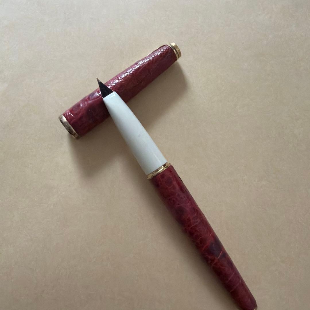プラチナ万年筆 18K 本革張 象嵌 ブラウン レザー