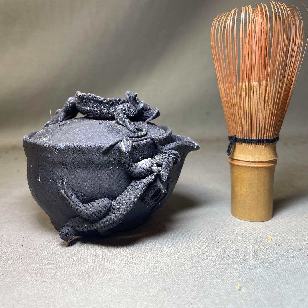 時代 備前双龍宝瓶　炭化青備前 窯変 双竜　手造　煎茶道具　備前焼 急